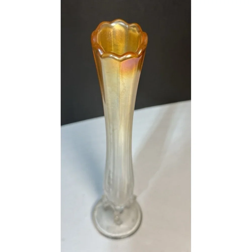 ATQ‎ Dugan Carnival Glass Bud Vase Clear to Marigold w/Twig Branch Base 9.25